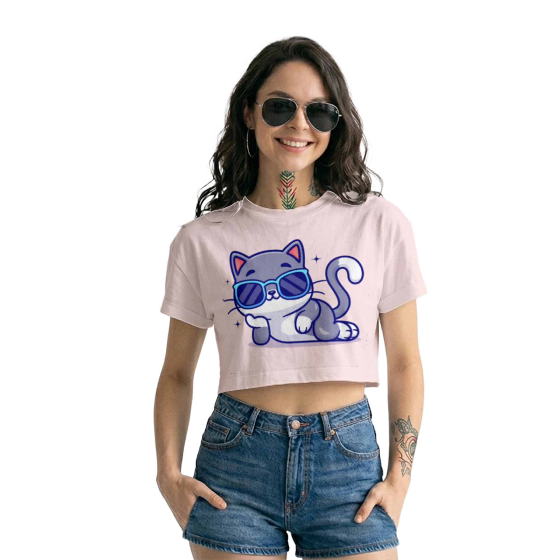 Crop Top Gato con Gafas de Sol Kawaii - Estilo Verano Divertido