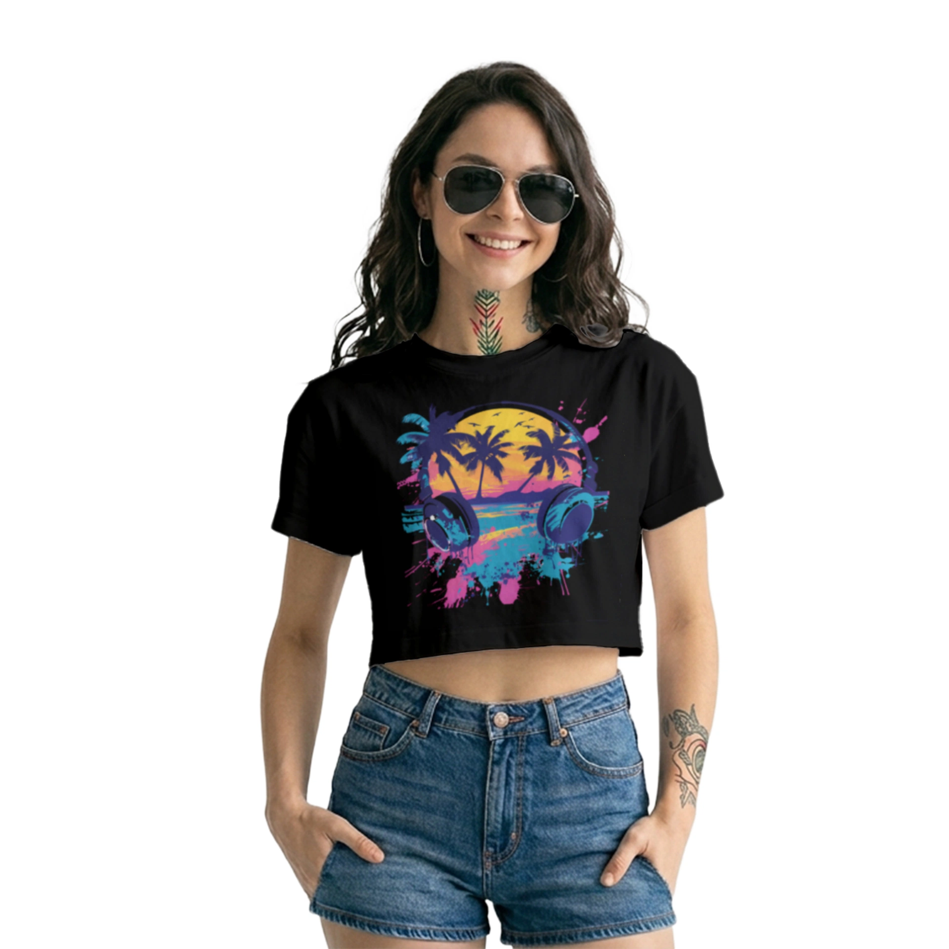 Crop Top Verano Retro Playa Música | Atardecer Tropical Auriculares