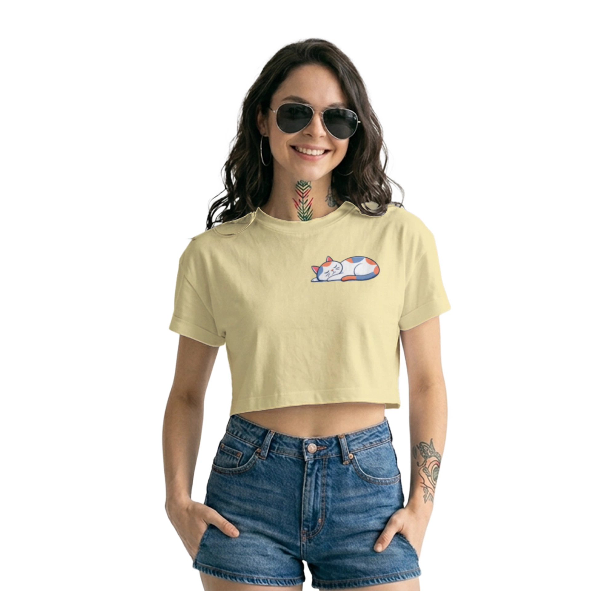 Crop Top Gato Dormilón Calico | Camiseta Corta Casual Mujer